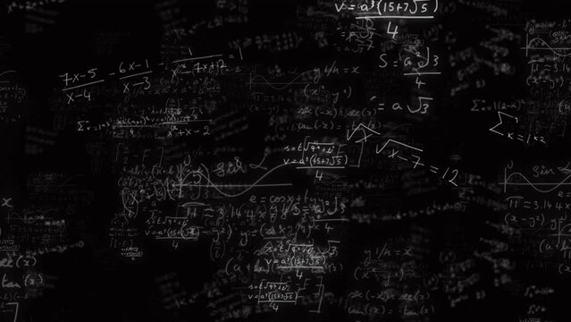 Animation of light spots over mathematical equations and formulas floating against black background