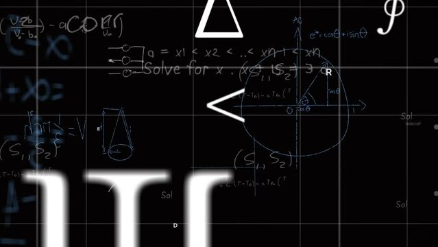 Animation of mathematical equations and symbols floating over grid network against black background