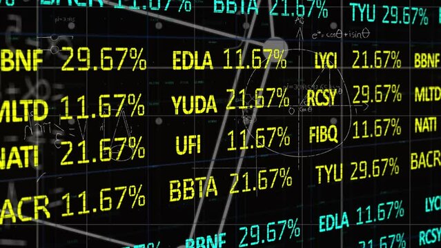 Animation of stock market data processing over mathematical equations against black background