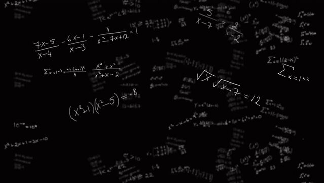 Animation of mathematical equations, diagrams and formulas floating against black background