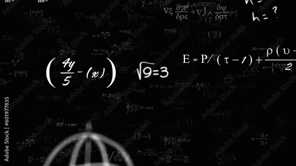 Poster animation of mathematical equations, diagrams and formulas floating against black background
