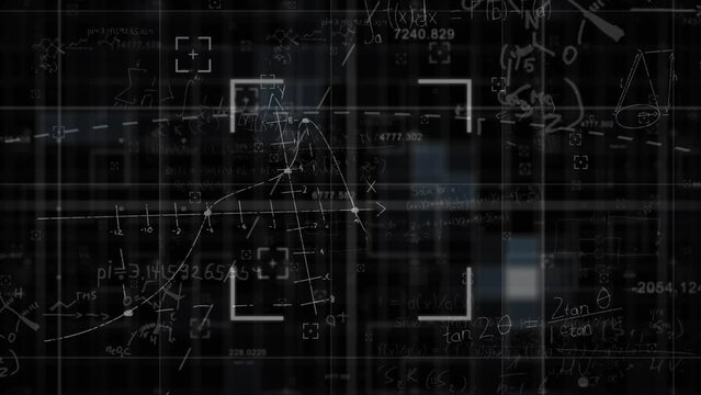Animation of mathematical equations and formulas floating over grid network against black background