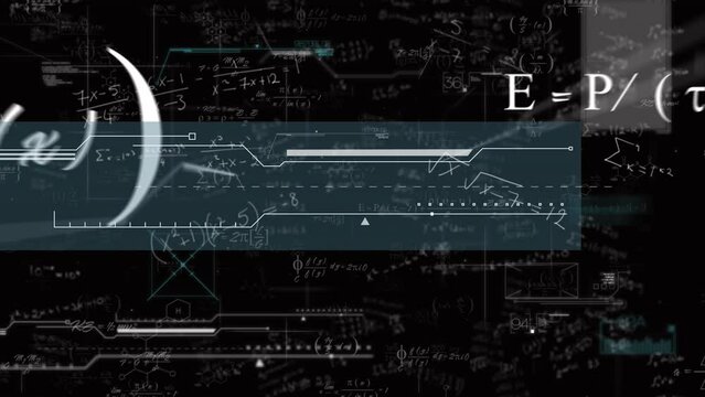 Animation of interface with mathematical equations and formulas floating against black background