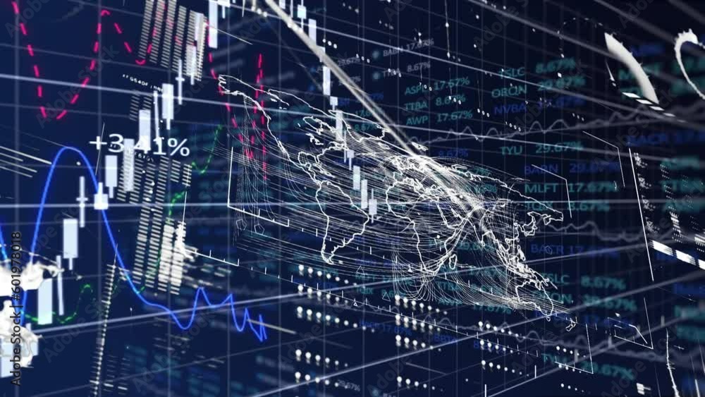 Poster animation of interface with financial and stock market data processing over world map