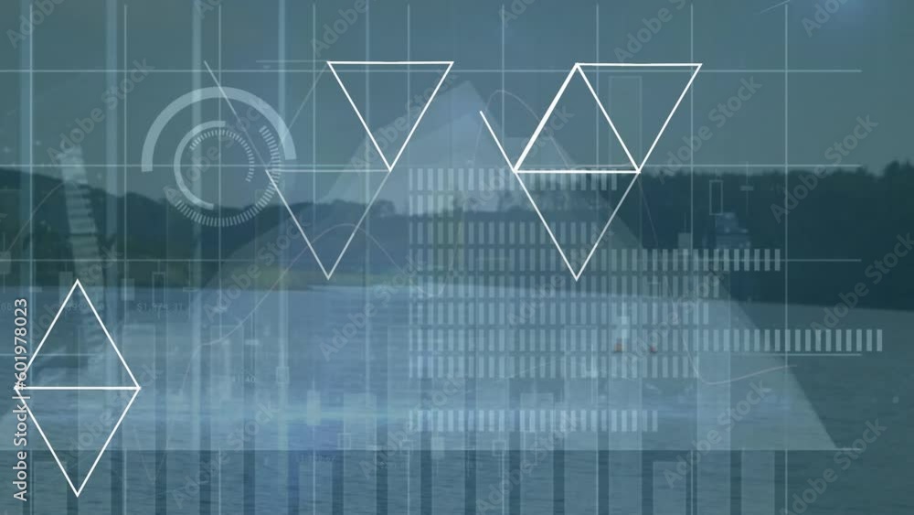 Poster animation of abstract geometric shapes and data processing over landscape with mountains and sea