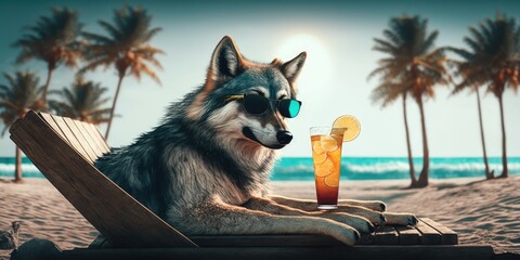 wolf is on summer vacation at seaside resort and relaxing on summer beach Generative AI