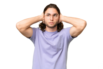 Young handsome man over isolated background frustrated and covering ears
