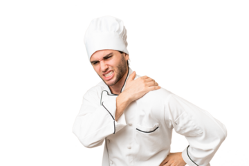 Young handsome chef man over isolated background suffering from pain in shoulder for having made an effort