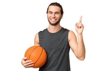 Young basketball player man over isolated background showing and lifting a finger in sign of the best