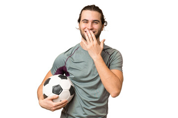 Young handsome football player man over isolated background happy and smiling covering mouth with...