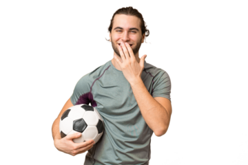 Young handsome football player man over isolated background happy and smiling covering mouth with hand