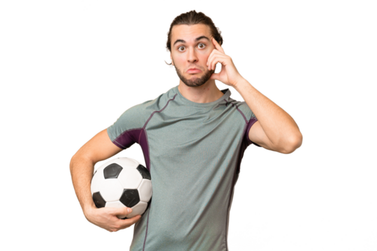 Young handsome football player man over isolated background thinking an idea