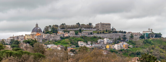 Panoramic view of Montefiascone, Italy, under a dramatic sky