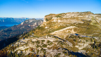 Aerial autumn view of Loser Panoramastraße scenic road in Salzkammergut area in Austria
