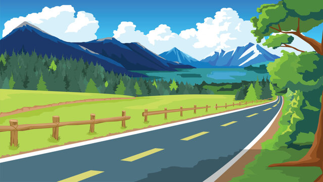 Copy Space Flat Vector Illustration. of straight asphalt road cuts through the hills and wide open fields of green grass. Green plains and mountains alternate. Under blue sky and white clouds.