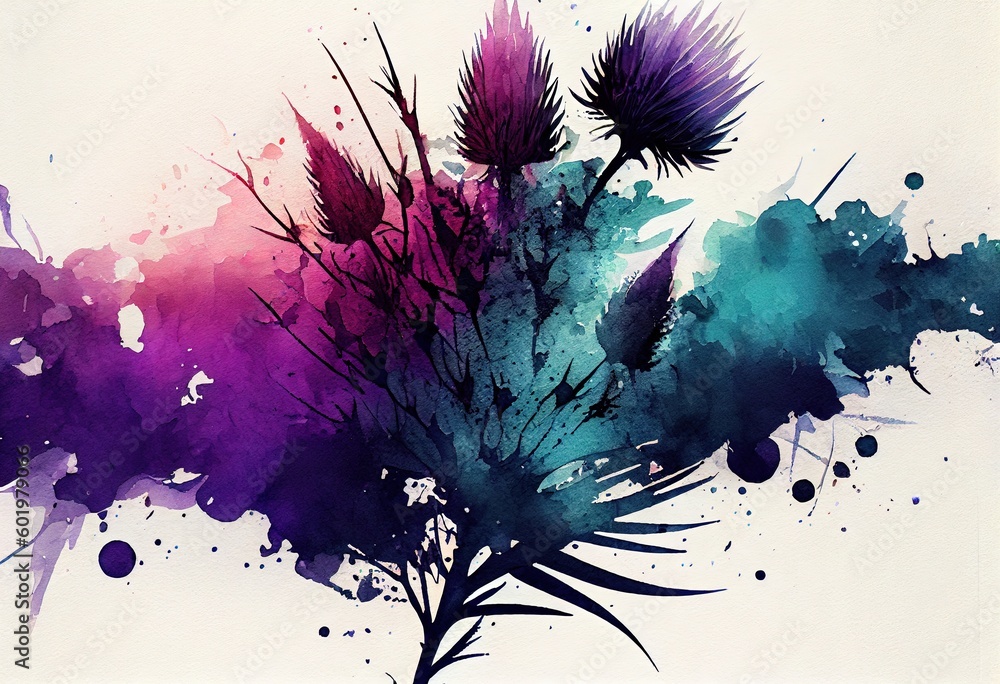 Poster watercolor gradient background with abstract thistle design, generative ai