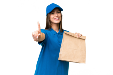 Young beautiful caucasian woman taking a bag of takeaway food over isolated background showing and lifting a finger