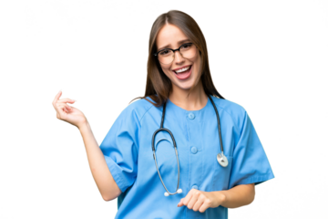 Young nurse caucasian woman over isolated background making guitar gesture