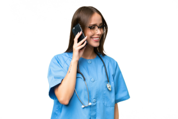 Young nurse caucasian woman over isolated background keeping a conversation with the mobile phone with someone
