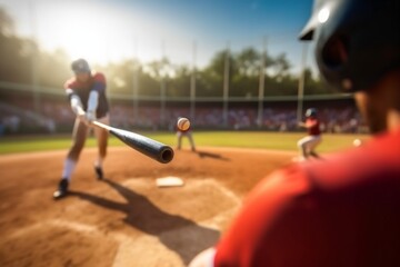 hitting man baseball bat athlete game sport ball field team player. Generative AI. - obrazy, fototapety, plakaty