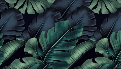 Tropical exotic seamless pattern. Night blue green gradient banana leaves, palm. Hand-drawn dark vintage 3D illustration. Nature abstract background art design, Generative AI