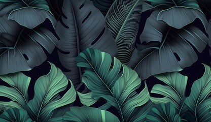 Tropical exotic seamless pattern. Night blue green gradient banana leaves, palm. Hand-drawn dark vintage 3D illustration. Nature abstract background art design, Generative AI