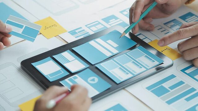 ux Graphic designer creative sketch planning application process development prototype wireframe for web mobile phone . User experience concept.