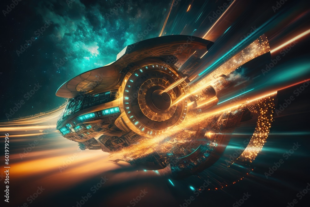 Poster gigantic spaceship travel into a quantum world. distinct generative ai image.