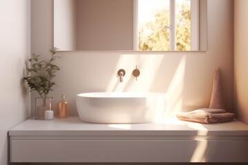 Naklejka na ściany i meble sink interior sunny faucet modern house luxury sunlight design counter bathroom. Generative AI.