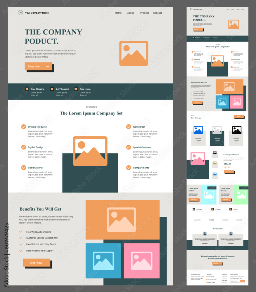 Wall mural beautiful website design landing page wireframe isolated on gray background - vector