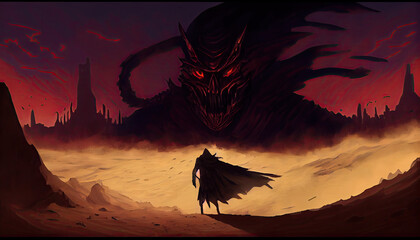warrior facing demon in the desert, grim dark fantasy - by generative ai