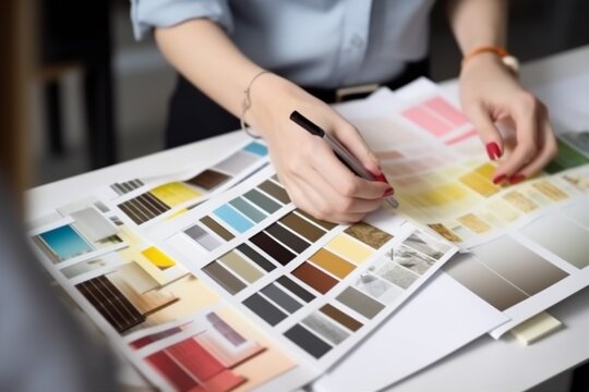 sample designer choice selection project design house color palette swatch interior. Generative AI.