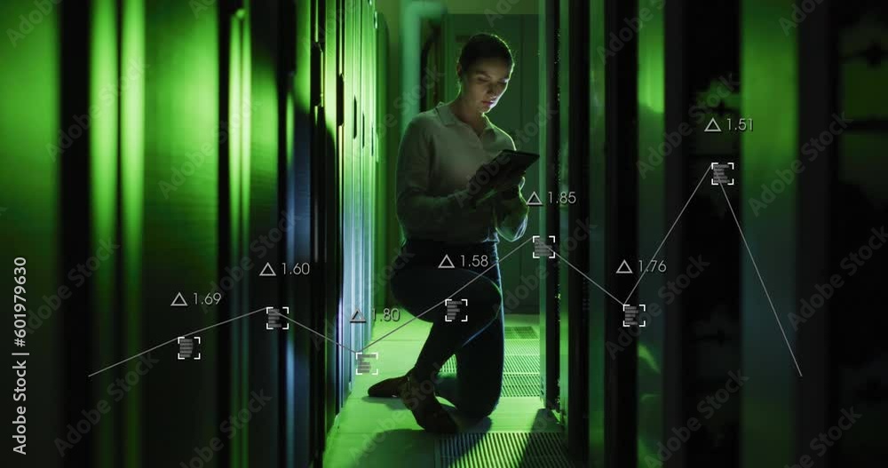 Aufkleber animation of data processing against caucasian female engineer using digital tablet at server room