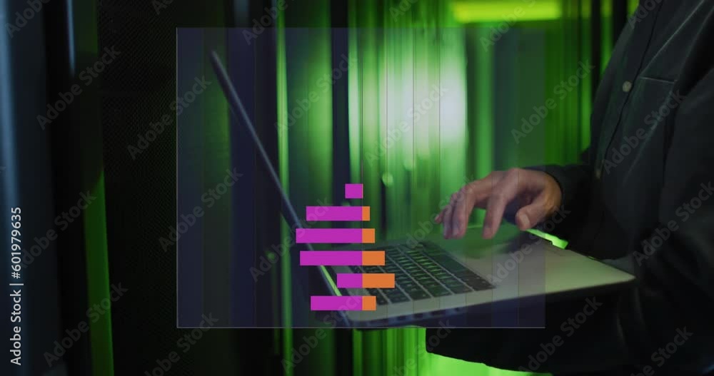 Poster animation of data processing against mid section of male engineer using laptop at server room