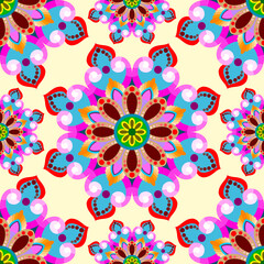 Fototapeta na wymiar Colorful vintage seamless pattern with floral and mandala elements.Hand drawn background. Can be used for fabric, wallpaper, tile, wrapping, covers and carpet. Islam, Arabic, Indian, ottoman motifs.