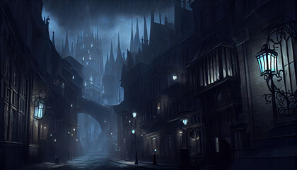 dark fantasy grim street city at night - by generative ai
