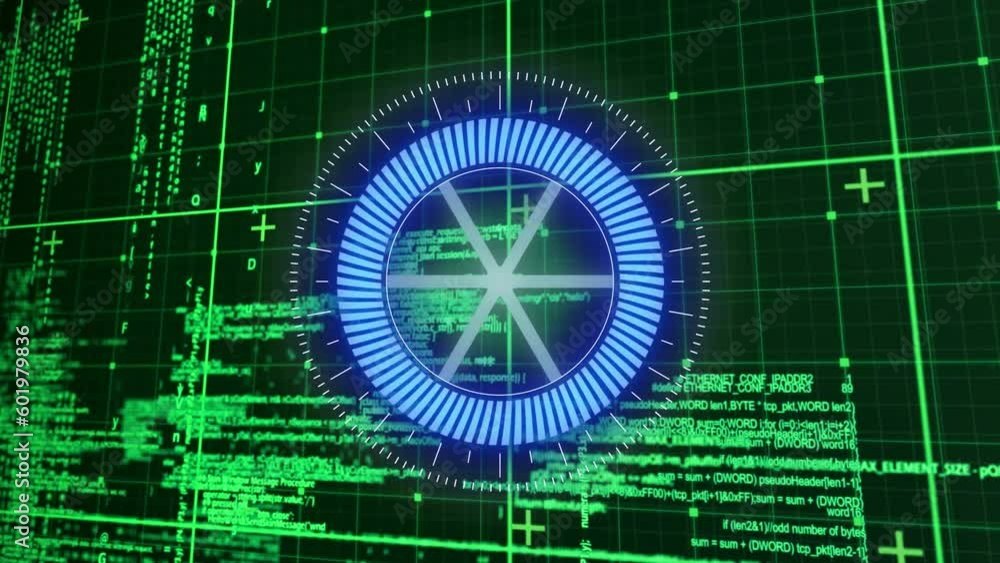 Poster animation of neon round scanner and data processing over grid network against green background