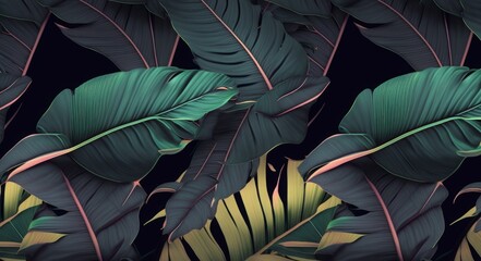 Neon bright banana leaves, palms on dark background. Seamless pattern. Vintage tropical 3d illustration. Luxury modern wallpapers, fabric printing, cloth, tapestries, posters,  Generative AI