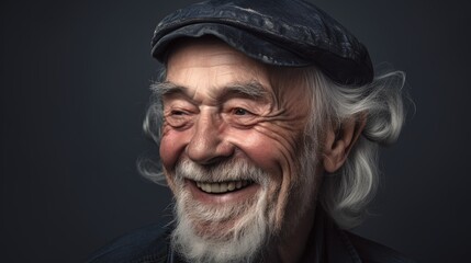 Fototapeta premium Portrait of a happy senior man smiling at the camera on a dark background.Generative Ai