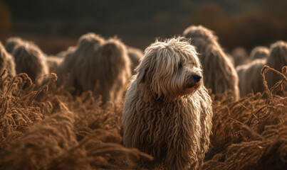 Guardian of the Flock: Photo of komondor dog with its corded coat glistening in the sunlight, captured as it guards a flock of sheep in the rolling hills of Hungary. Generative AI