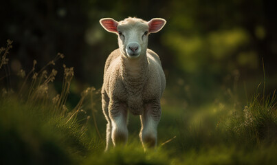Obraz premium Photo of Dorset lamb standing confidently in a lush green meadow, composition highlights the lamb's sweet, innocent expression, while also conveying a sense of strength and resilience. Generative AI
