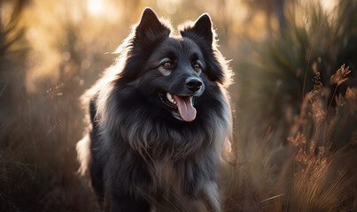 photo of happy keeshond dog in tall grass at sunset. Generative AI