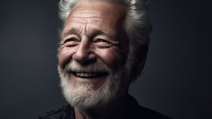 Fototapeta premium Portrait of a happy senior man smiling at the camera on a dark background.Generative Ai
