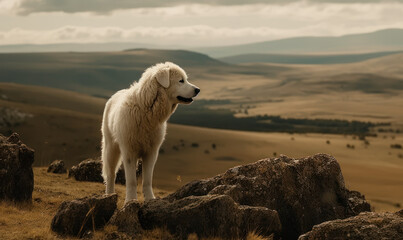 Fototapeta premium Photo of kuvasz dog, majestically standing atop a rocky outcropping overlooking a sprawling pastoral landscape. image showcases dog's thick, white coat and powerful build. Generative AI