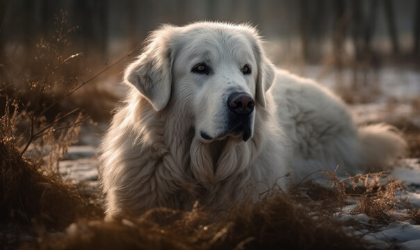 winter photo of kuvasz dog in its natural habitat. Generative AI