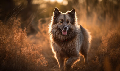 photo of keeshond jumping happily in tall grass at sunset. Generative AI