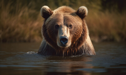 Obraz na płótnie Canvas close up photo of Kodiak bear standing in river. Generative AI