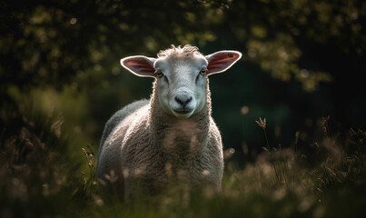 Photo of Dorset lamb standing confidently in a lush green meadow, composition highlights the lamb's sweet, innocent expression, while also conveying a sense of strength and resilience. Generative AI