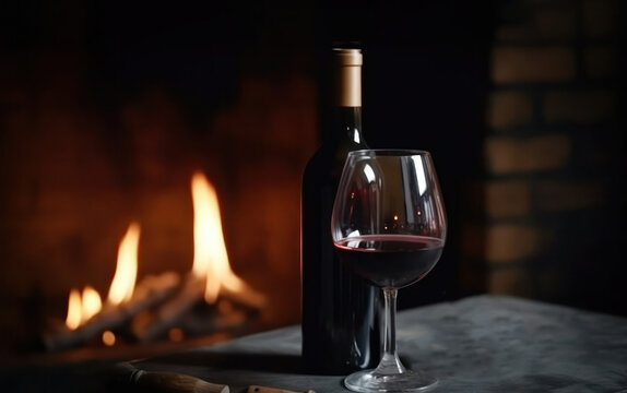 a bottle of red wine and glasses by the flames of the fireplace. background with copy space.Generative AI