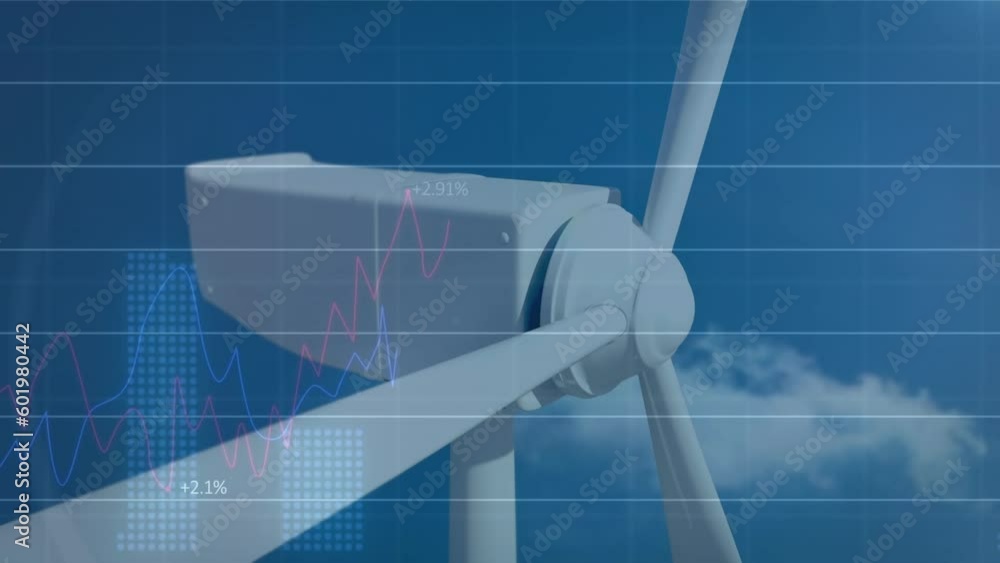 Poster animation of financial data processing over wind turbine